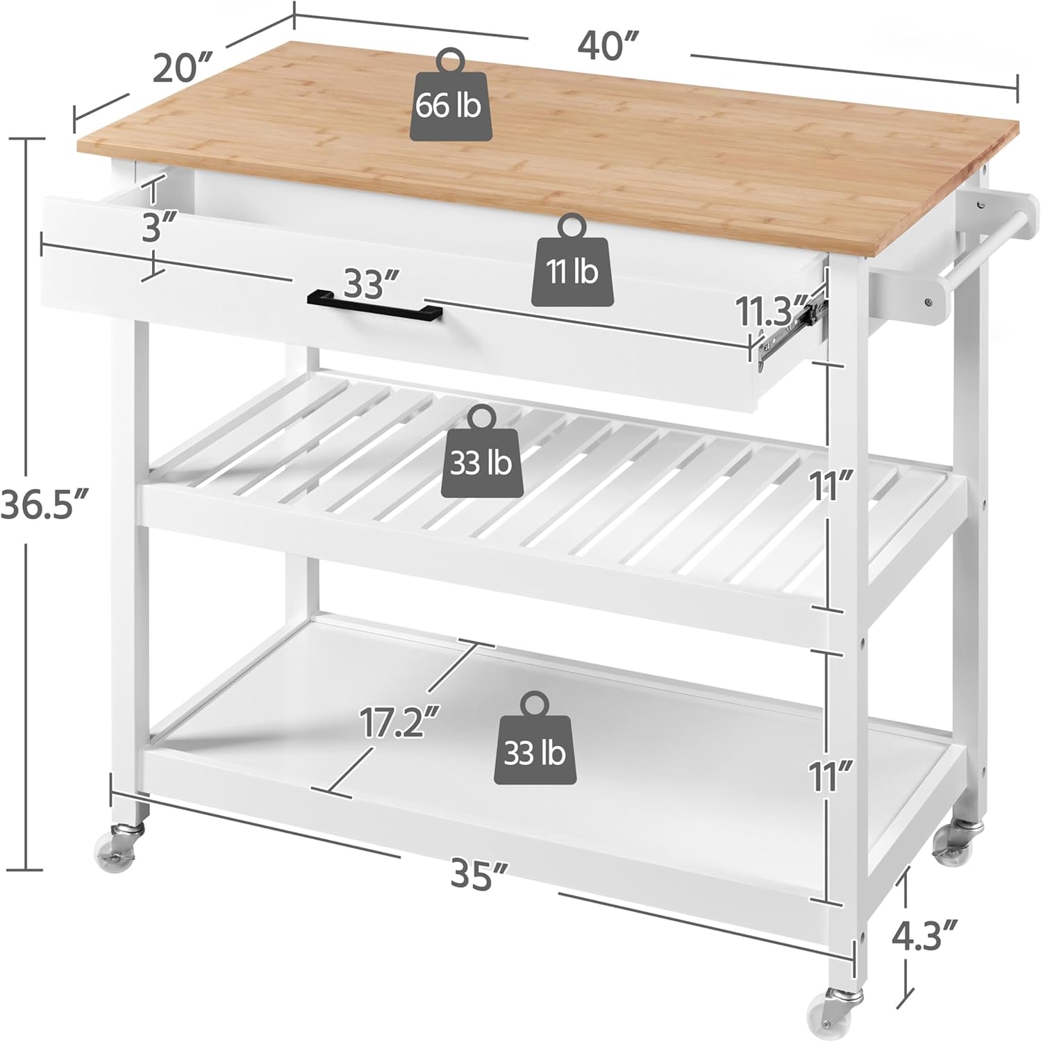 Serving Trolley with Solid Wood Top and Drawer