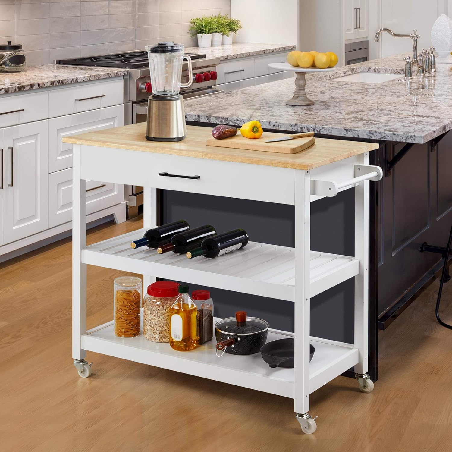 Serving Trolley with Solid Wood Top and Drawer