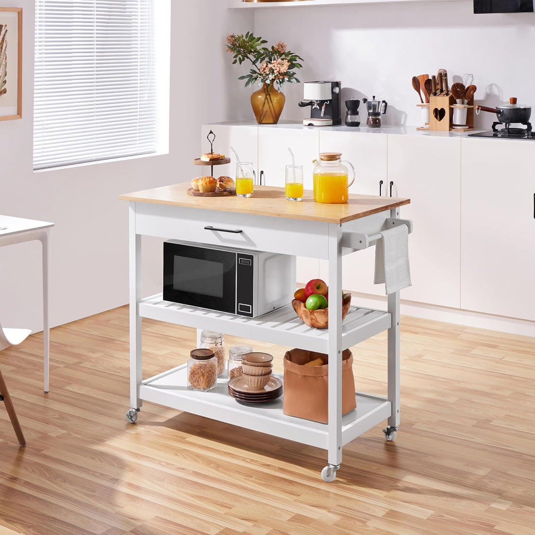 Serving Trolley with Solid Wood Top and Drawer