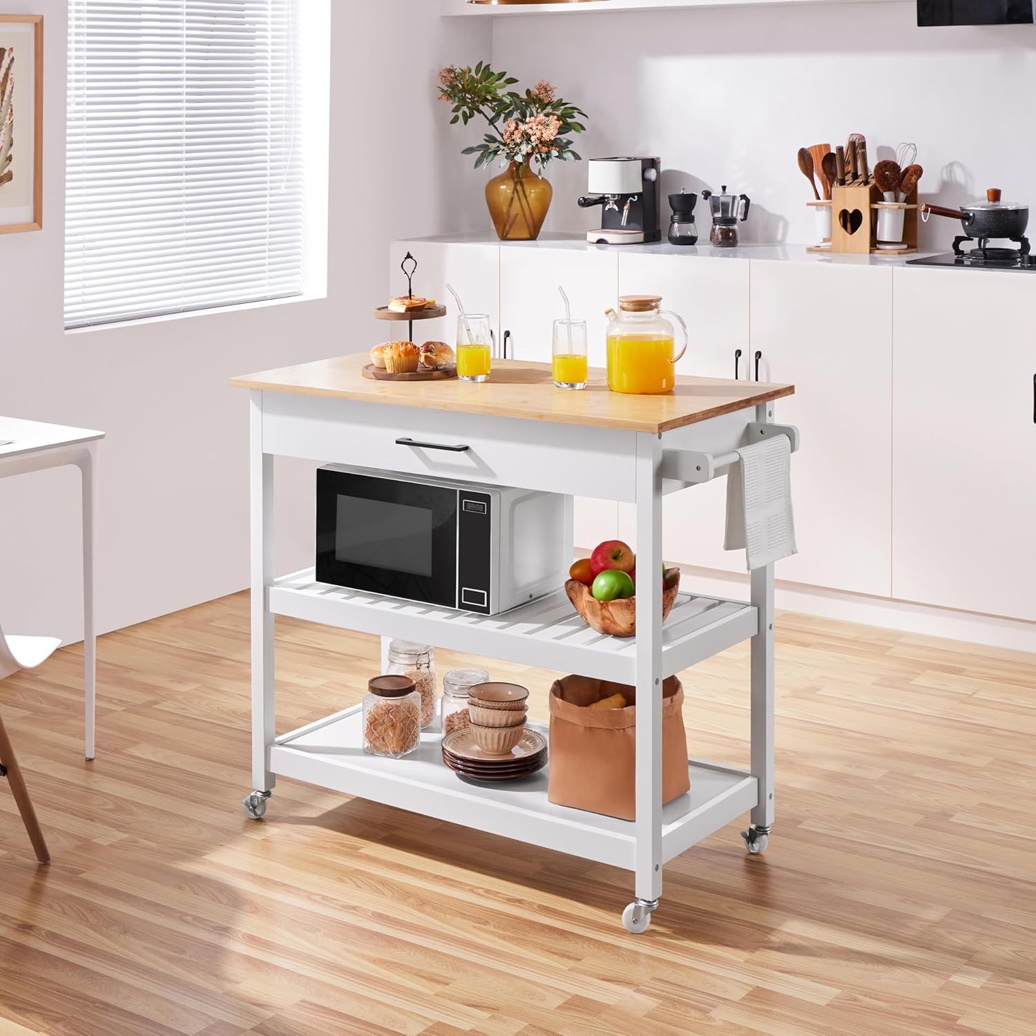 Serving Trolley with Solid Wood Top and Drawer