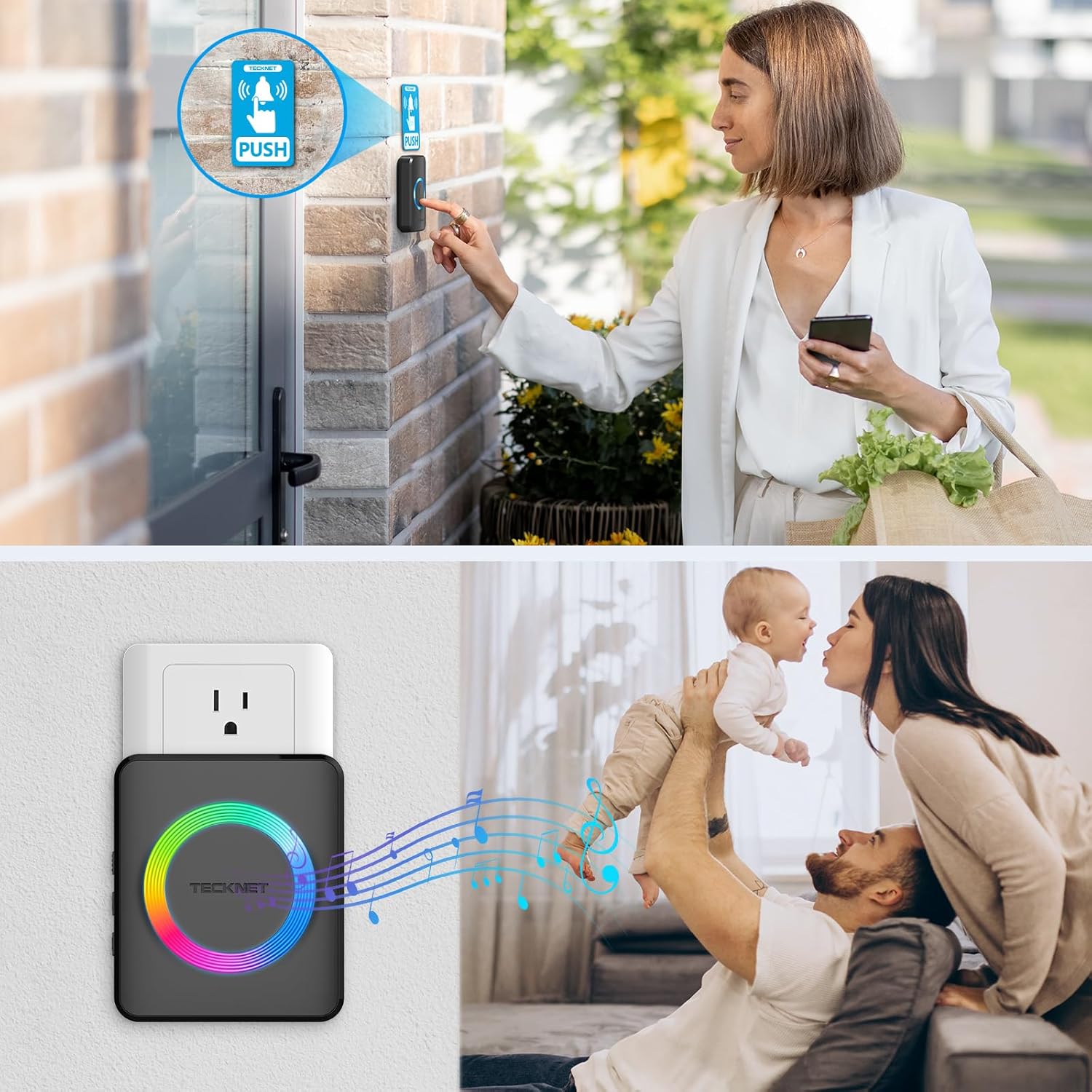 Wireless Doorbell with 2 Receivers, IP65 Waterproof